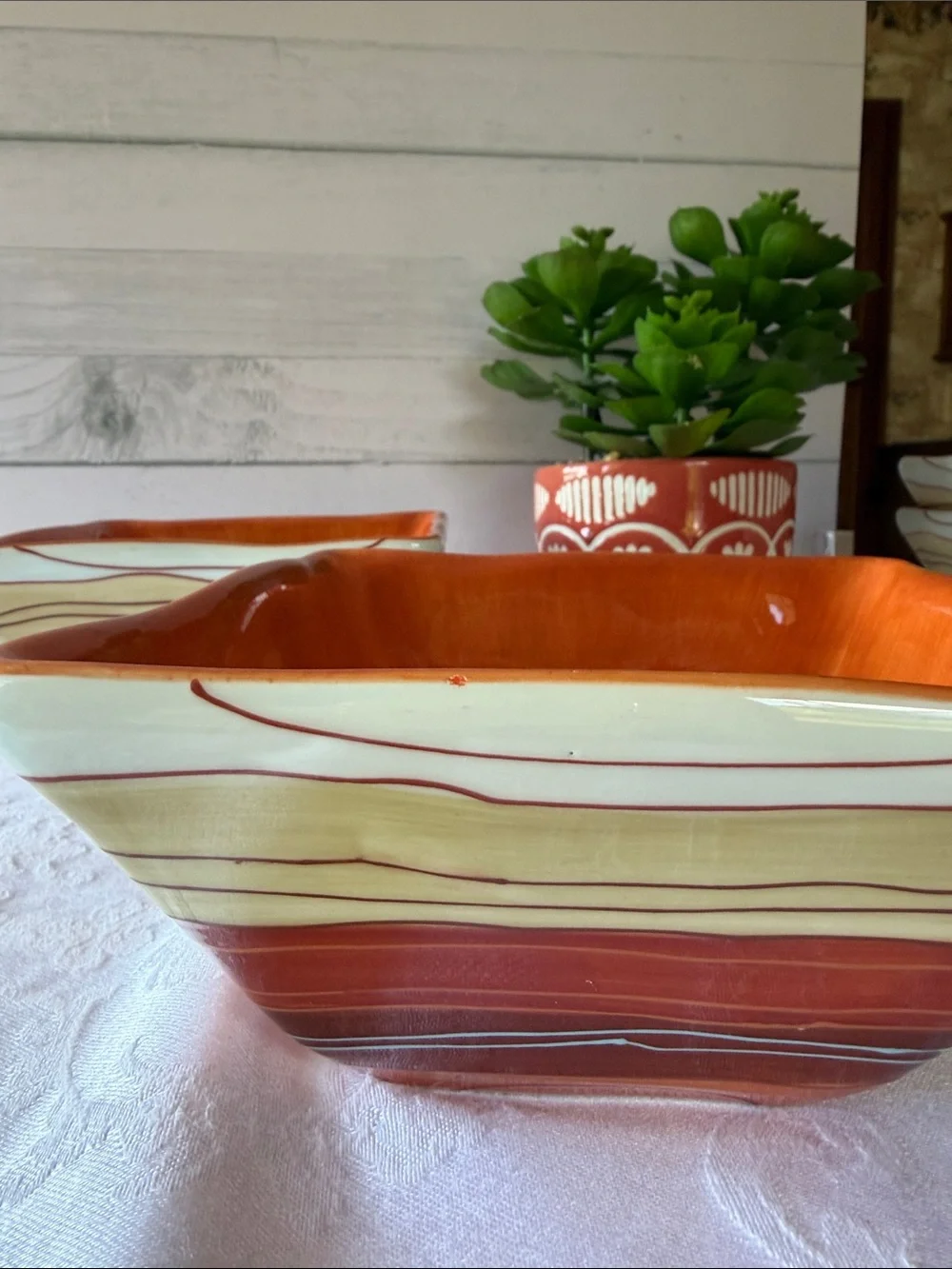 Pier 1 Square Serving Bowls in Orange and Cream Stripes